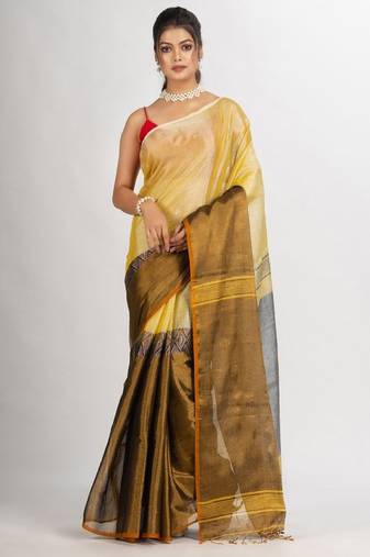 gold cotton saree with geometric woven design