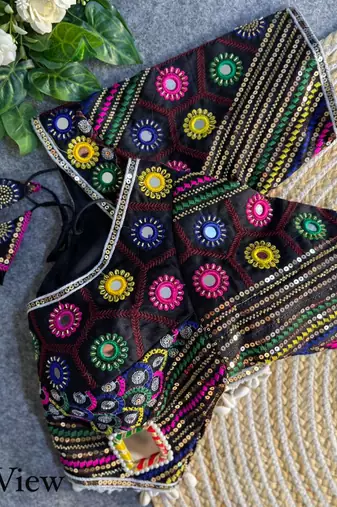 Black navratri italian soft silk blouse with real mirror, beads & kaudi work