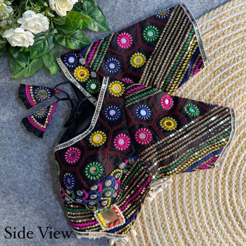 Black navratri italian soft silk blouse with real mirror, beads & kaudi work