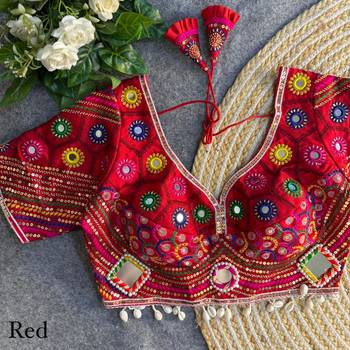 Red navratri italian soft silk blouse with real mirror, beads & kaudi work 1