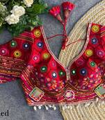 Red navratri italian soft silk blouse with real mirror, beads & kaudi work