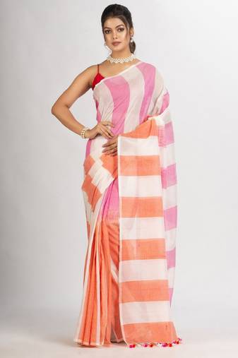 white striped pure cotton saree