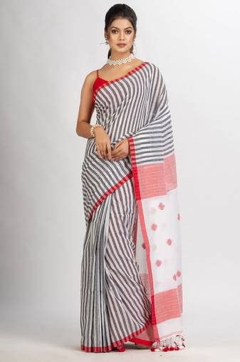 white striped pure cotton jamdani saree