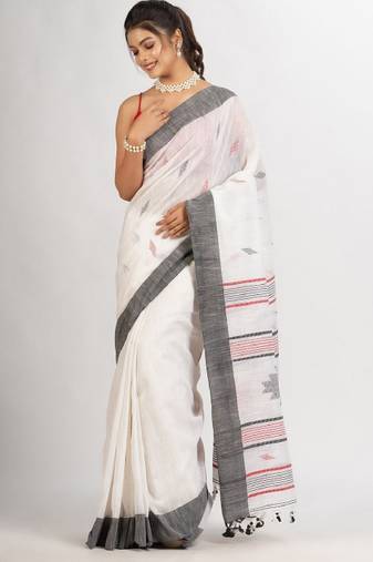 white pure cotton jamdani saree with woven ethnic motifs