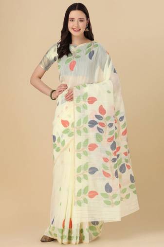 off white cotton saree with woven floral motifs