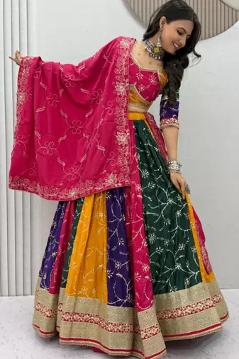 multicolor silk blend sequins work ghagra choli