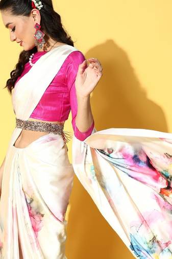 cream tie and dye satin saree