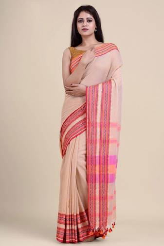 beige and peach cotton saree
