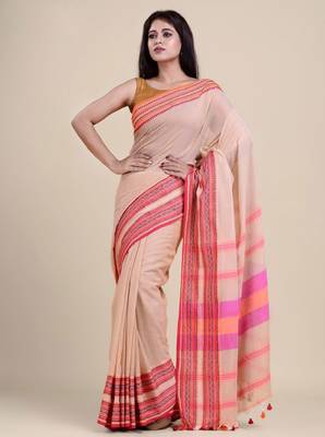 Beige & peach-coloured saree 2