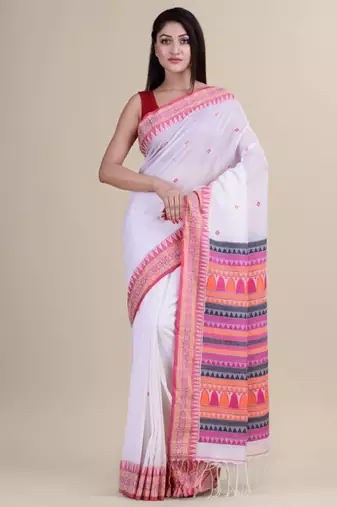 White & pink woven design saree