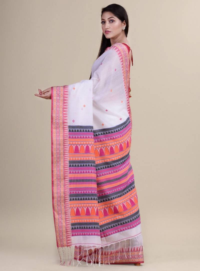 White & pink woven design saree