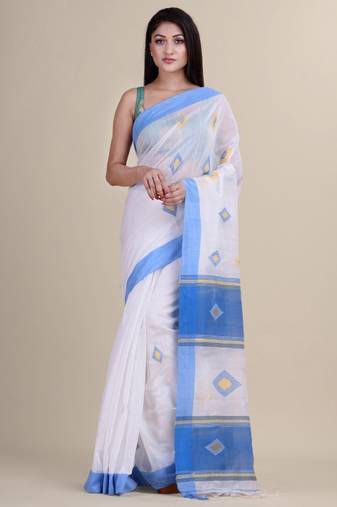 white and blue silk cotton tant saree with jamdani work