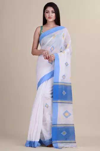 White & blue silk cotton tant jamdani saree