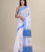 White & blue silk cotton tant jamdani saree