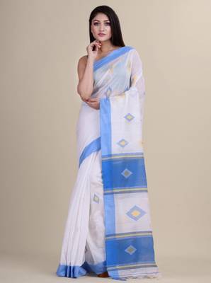 White & blue silk cotton tant jamdani saree 2