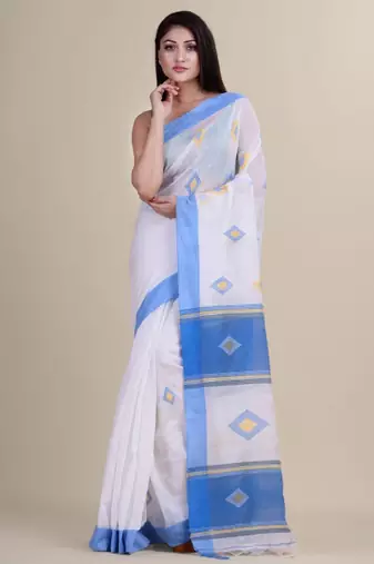 White & blue silk cotton tant jamdani saree