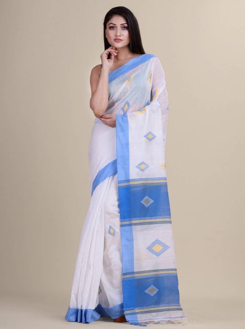 White & blue silk cotton tant jamdani saree