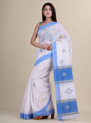 White & blue silk cotton tant jamdani saree 3