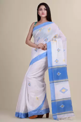 White & blue silk cotton tant jamdani saree