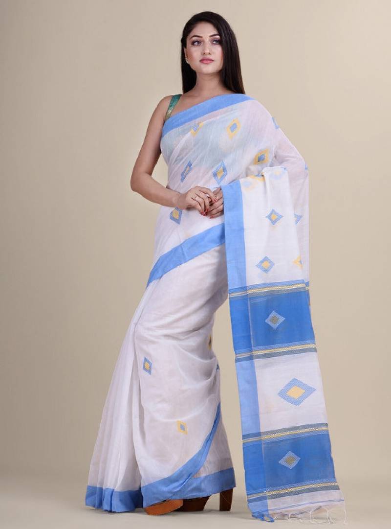 White & blue silk cotton tant jamdani saree