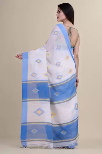 White & blue silk cotton tant jamdani saree