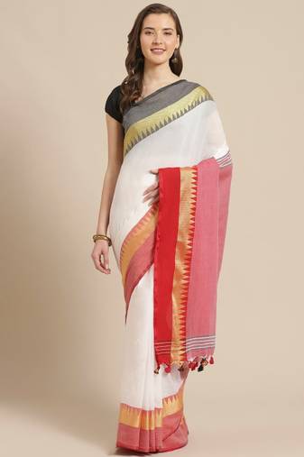white and red pure cotton bengal handloom saree