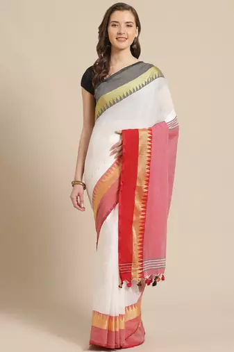 White & red pure cotton solid bengal handloom saree