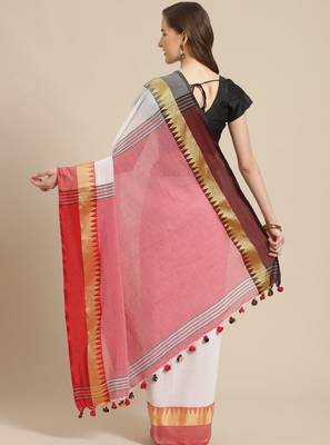 White & red pure cotton solid bengal handloom saree 2