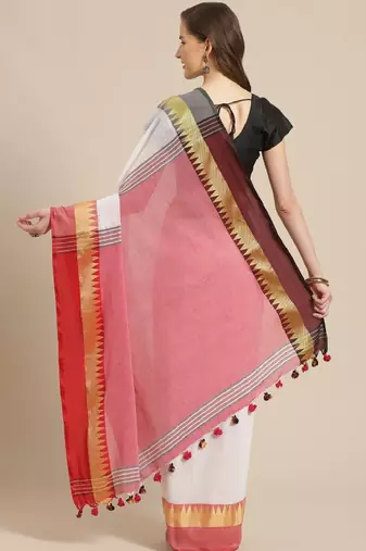 White & red pure cotton solid bengal handloom saree