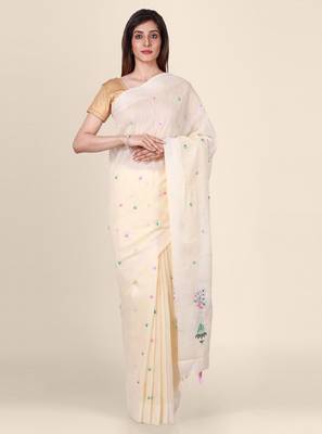Off-white embroidered silk blend saree 1