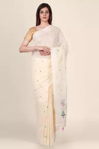 Off-white embroidered silk blend saree
