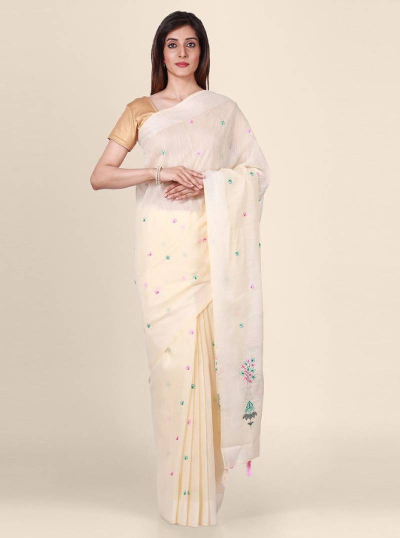 Off-white embroidered silk blend saree