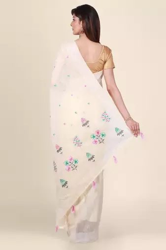 Off-white embroidered silk blend saree