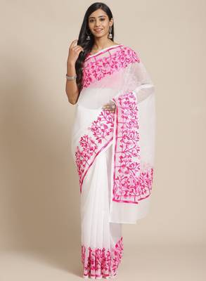 White & pink pure cotton solid saree 1
