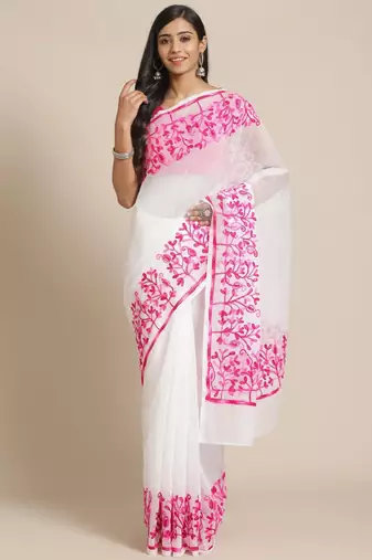 White & pink pure cotton solid saree