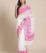 White & pink pure cotton solid saree
