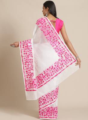 White & pink pure cotton solid saree 2