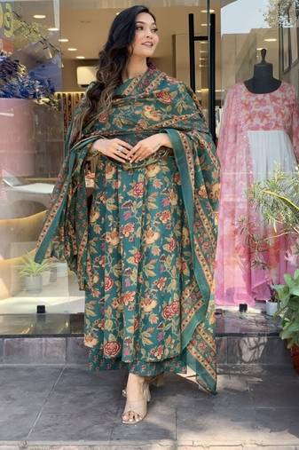 Green Anarkali Frock Style V Neck  Kurti Pant Dupatta Set