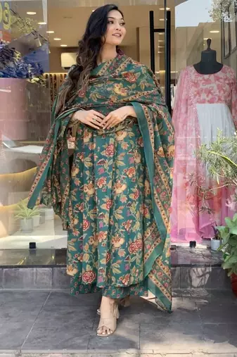 Green Anarkali Frock Style V Neck  Kurti Pant Dupatta Set