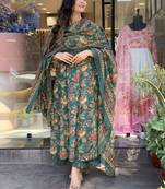 Green Anarkali Frock Style V Neck  Kurti Pant Dupatta Set