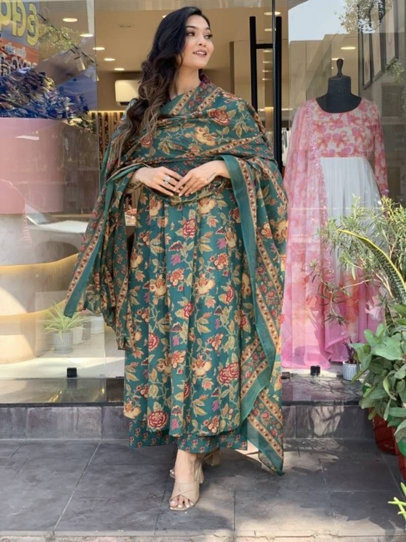 Green Anarkali Frock Style V Neck  Kurti Pant Dupatta Set