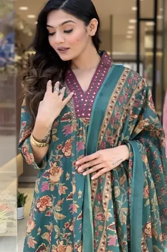 Green Anarkali Frock Style V Neck  Kurti Pant Dupatta Set