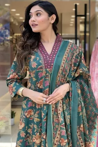 Green Anarkali Frock Style V Neck  Kurti Pant Dupatta Set