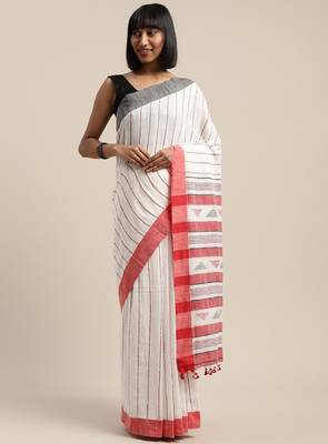 White & red liva pure cotton striped handloom saree 1