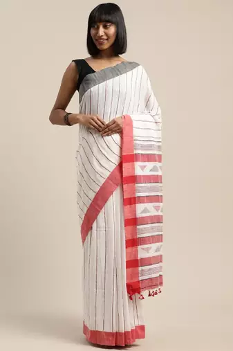 White & red liva pure cotton striped handloom saree