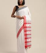 White & red liva pure cotton striped handloom saree