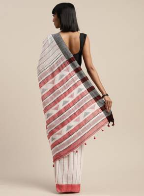 White & red liva pure cotton striped handloom saree 2
