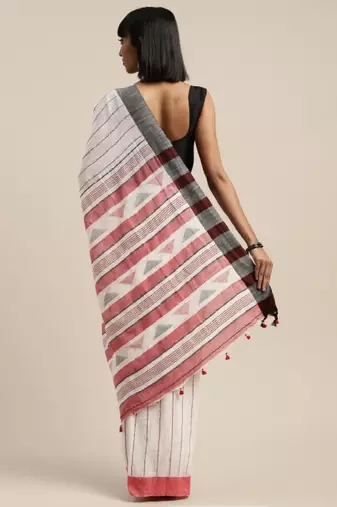 White & red liva pure cotton striped handloom saree