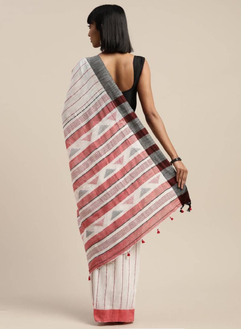White & red liva pure cotton striped handloom saree