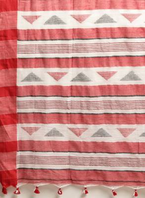 White & red liva pure cotton striped handloom saree 4